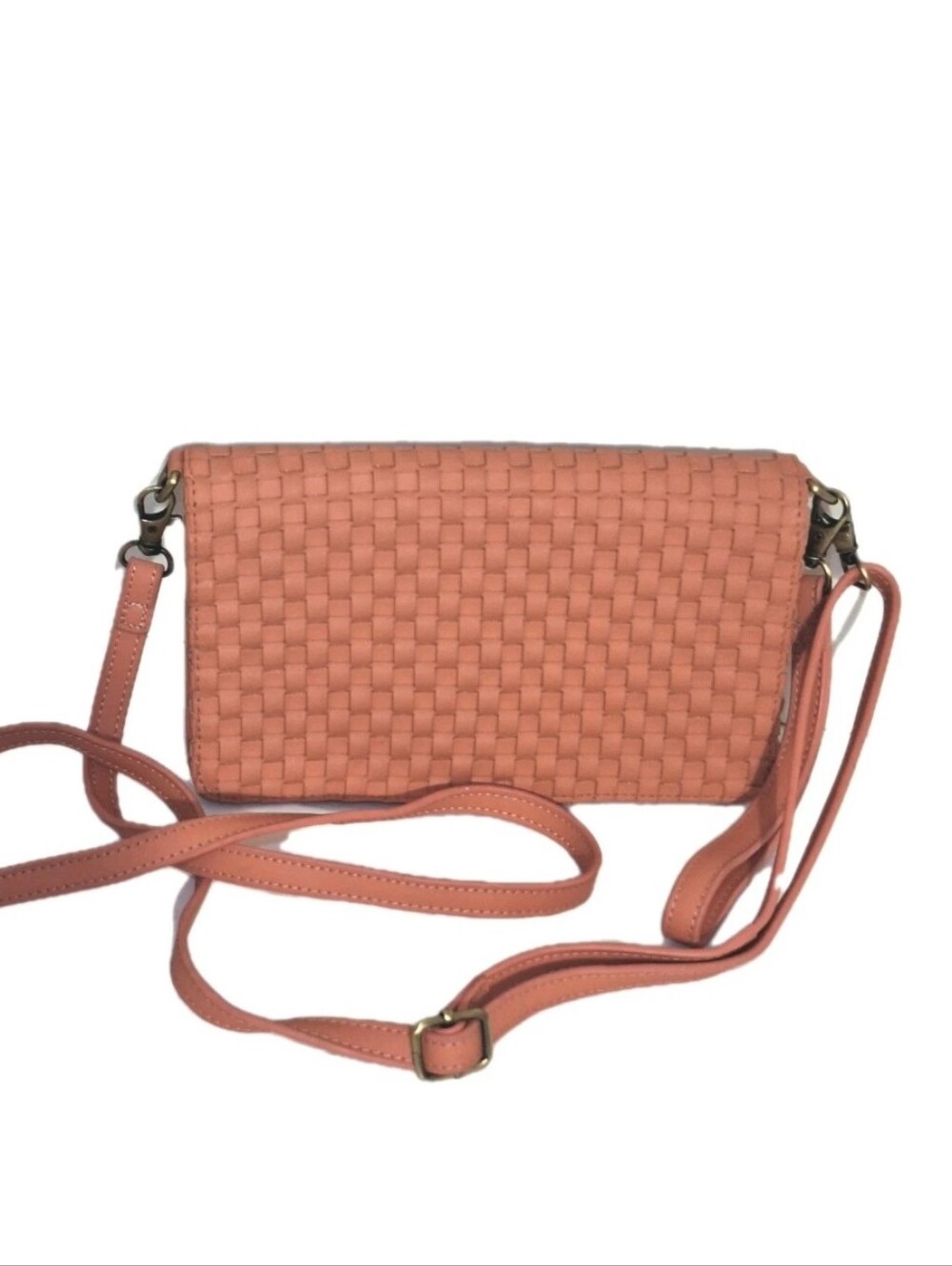 Joy Susan Woven Coral Salmon Pink Faux Vegan Leather Crossbody Clutch Bag
